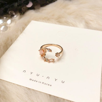 MENGJIQIAO 2019 New Korean Sweet Heart Flower Cubic Zircon Adjustable Rings For Women Girls Fashion Party Crystal Bague Jewelry