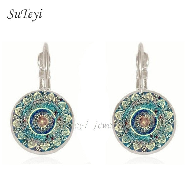 SUTEYI Charm Mandala Art Picture Earrings Henna Crystal Earring Yoga Om Symbol Zen Buddhism Glass Earrings For Women Jewellery