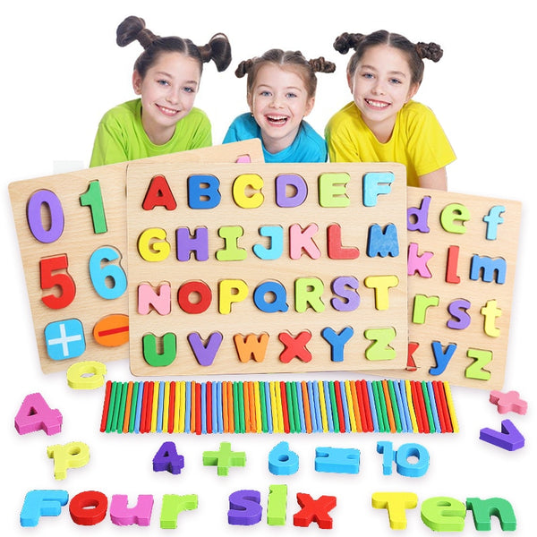 Kids 3D Wooden Puzzles Toys Alphabet Number Puzzle Baby Colorful Letter Digital Geometric Montessori Educational Toy