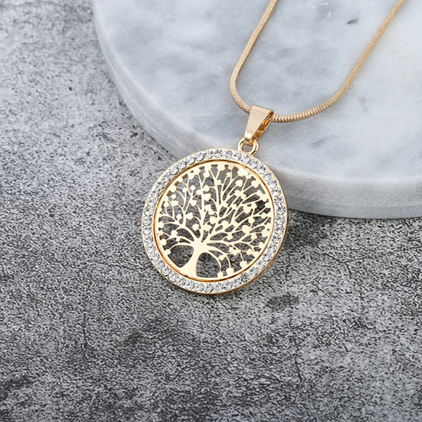 Hot Tree of Life Crystal Round Small Pendant Necklace Gold Silver Color Bijoux Collier Elegant Women Jewelry Gifts Dropshipping