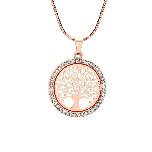 Hot Tree of Life Crystal Round Small Pendant Necklace Gold Silver Color Bijoux Collier Elegant Women Jewelry Gifts Dropshipping