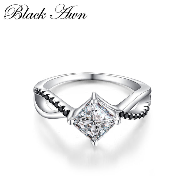 NOIR AWN 2022 Véritable 100% Sterling 925 Bague de fiançailles carrée en argent pour femmes Black&White Stone Bague Bijoux C260