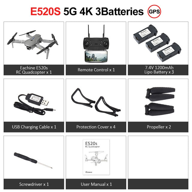 Drone 4K Professionnel Eachine E520S RC Quadcopter Racing GPS MINI Drone 5G WIFI HD FPV Camera Grand Angle Jouet Drone Pliable.