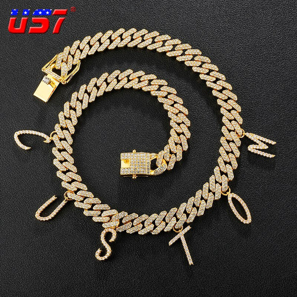 US7 2021 Custom Name Pendant Gold Plated Letters with 15mm Bling Iced out Cuban Link Chain For Fashion Hip Hop Jewelry Gifts